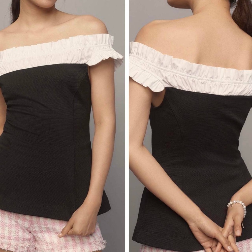 Maeve Top Women XS Black White Ruffle Off Shoulder Peplum Coquette Romantic Chic